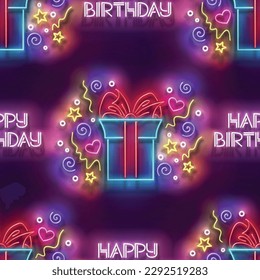 Patrón sin foco con caja de regalo brillante con bello arco e inscripción. Feliz cumpleaños y fiesta de fiesta. Textura clara de neón, cartón. Fondo brillante. Ilustración del vector 3d