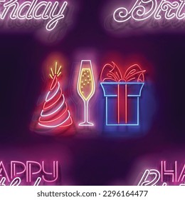 Seamless pattern with glow Gift Box with Beautiful Bow, Champagne and Hat and Inscription. Happy Birthday and Holiday Party. Neon Light Texture, Signboard. Glossy Background. Vector 3d Illustration