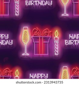 Seamless pattern with glow Gift Box with Beautiful Bow, Champagne and Candle and Inscription. Happy Birthday and Holiday Party. Neon Light Texture, Signboard. Glossy Background. Vector 3d Illustration