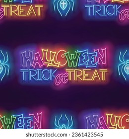 Seamless pattern with glow Halloween Trick or Treat Inscription. Halloween Withcraft Mood. Neon Light Texture, Signboard. Glossy Background. Vector 3d Illustration 