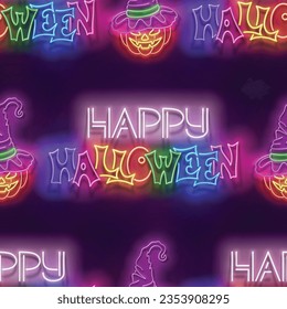 Seamless pattern with glow Happy Halloween Inscription and Witch Pumpkin in Hat. Halloween Withcraft Mood. Neon Light Texture, Signboard. Glossy Background. Vector 3d Illustration