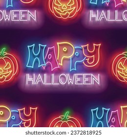 Seamless pattern with glow Happy Halloween Inscription and Jack o'Lantern Pumpkin. Halloween Withcraft Mood. Neon Light Texture, Signboard. Glossy Background. Vector 3d Illustration