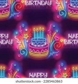 Seamless pattern with glow Holiday Cake with Candles and Confetti and Inscription. Happy Birthday and Holiday Party Mood. Neon Light Texture, Signboard. Glossy Background. Vector 3d Illustration