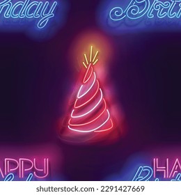 Seamless pattern with glow Holiday Hat and Inscription. Happy Birthday and Holiday Party Mood. Neon Light Texture, Signboard. Glossy Background. Vector 3d Illustration