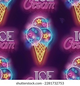 Seamless pattern with glow Ice Cream Balls in Cone, Candies and Inscription. Sweet Dessert Concept. Neon Light Texture, Signboard. Glossy Background. Vector 3d Illustration