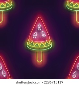 Seamless pattern with glow Ice Cream, Watermelon Piece. Sweet Dessert Concept. Neon Light Texture, Signboard. Glossy Background. Vector 3d Illustration 