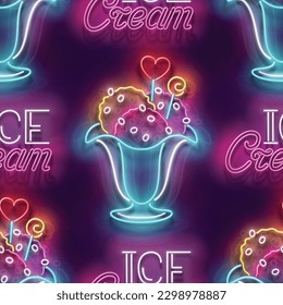 Seamless pattern with glow Ice Cream Balls in Vase, Candies and Inscription. Sweet Dessert Concept. Neon Light Texture, Signboard. Glossy Background. Vector 3d Illustration