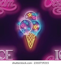 Patrón sin foco con balls de helado de resplandor en Cono, Cadáveres e Inscripción. Dulce concepto de postre. Textura clara de neón, cartón. Fondo brillante. Ilustración del vector 3d