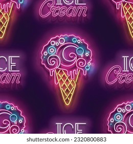 Seamless pattern with glow Ice Cream Cone, Ball and Inscription. Sweet Dessert Concept. Neon Light Texture, Signboard. Glossy Background. Vector 3d Illustration 