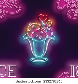 Patrón sin foco con balls de helado de resplandor en la Vase, los caramelos y el reclutamiento. Dulce concepto de postre. Textura clara de neón, cartón. Fondo brillante. Ilustración del vector 3d