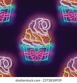 Patrón sin foco con el helado helado de cono en la copa de papel. Dulce concepto de postre. Textura clara de neón, cartón. Fondo brillante. Ilustración del vector 3d 