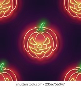 Seamless pattern with glow Jack o'Lantern Pumpkin. Halloween Withcraft Mood. Neon Light Texture, Signboard. Glossy Background. Vector 3d Illustration 