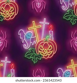 Seamless pattern with glow Jack o'Lantern Pumpkin, Ghosts and Spiders. Halloween Withcraft Mood. Neon Light Texture, Signboard. Glossy Background. Vector 3d Illustration