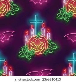 Seamless pattern with glow Jack o'Lantern Pumpkin and Bats. Halloween Withcraft Mood. Neon Light Texture, Signboard. Glossy Background. Vector 3d Illustration 