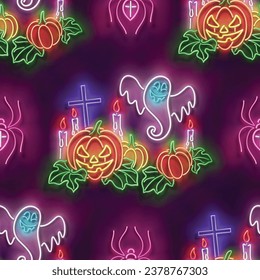 Seamless pattern with glow Jack o'Lantern Pumpkin, Ghosts and Spiders. Halloween Withcraft Mood. Neon Light Texture, Signboard. Glossy Background. Vector 3d Illustration