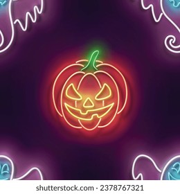 Seamless pattern with glow Jack o'Lantern Pumpkin and Ghost. Halloween Withcraft Mood. Neon Light Texture, Signboard. Glossy Background. Vector 3d Illustration 