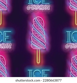 Seamless pattern with glow Lolly Pop Ice Cream and Inscription. Sweet Dessert Concept. Neon Light Texture, Signboard. Glossy Background. Vector 3d Illustration 