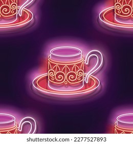 Patrón sin foco con la Copa de Metal brillante de café turco. Etiqueta De Cafetería, Bebida Tradicional. Textura clara de neón, cartón. Fondo brillante. Ilustración del vector 3d 