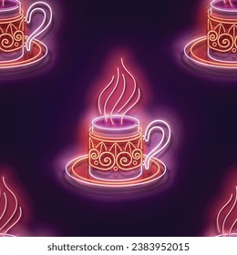 Seamless pattern with glow Metal Cup of Turkish Coffee with Steam. Cafe Label, Traditional Drink. Neon Light Texture, Signboard. Glossy Background. Vector 3d Illustration