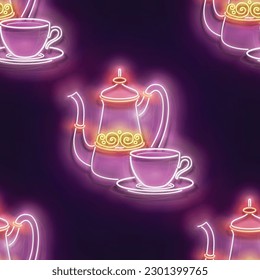 Seamless pattern with glow Metal Cups and Pot of Turkish Coffee. Cafe Label, Traditional Drink. Neon Light Texture, Signboard. Glossy Background. Vector 3d Illustration