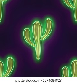 Seamless pattern with glow Mexican cactus. Desert plant. Neon Light Texture, Signboard. Glossy Background. Vector 3d Illustration