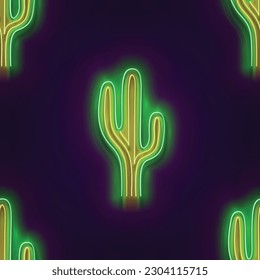 Seamless pattern with glow Mexican cactus. Desert plant. Neon Light Texture, Signboard. Glossy Background. Vector 3d Illustration