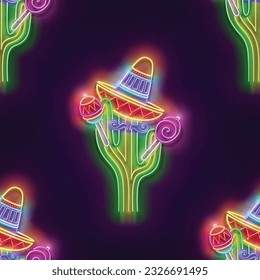 Seamless pattern with glow Mexican cactus in sombrero with marocas. Cute singer, mariachi. Neon Light Texture, Signboard. Glossy Background. Vector 3d Illustration