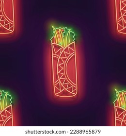 Seamless pattern with glow Mexican chimichanga. Traditional ethnic food, appetizer. Neon Light Texture, Signboard. Glossy Background. Vector 3d Illustration  svg