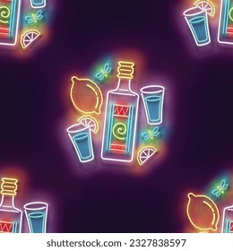 Seamless pattern with glow Mexican tequila, shot, lemon. Traditional ethnic alcoholic drink. Neon Light Texture, Signboard. Glossy Background. Vector 3d Illustration 