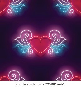 Seamless pattern with glow Ornate Heart. Valentine Greeting Card Template, Tattoo Parlor. Neon Light Texture, Signboard. Glossy Background. Vector 3d Illustration