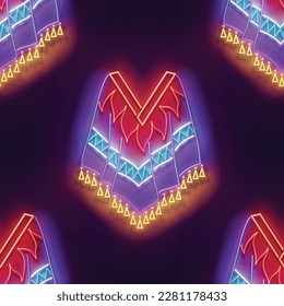 Seamless pattern with glow Poncho, Ethnic Mexican Culture. Day of the Dead, Dia de los Muertos, Cinco de Mayo Holidays. Neon Light Texture, Signboard. Glossy Background. Vector 3d Illustration