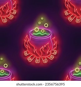 Seamless pattern with glow Potion in Witch's Cauldron. Halloween Withcraft Mood. Neon Light Texture, Signboard. Glossy Background. Vector 3d Illustration 