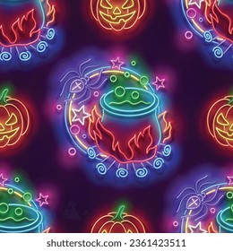 Seamless pattern with glow Potion in Witch's Cauldron and Pumpkins. Halloween Withcraft Mood. Neon Light Texture, Signboard. Glossy Background. Vector 3d Illustration 