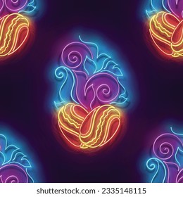 Seamless pattern with glow Roasted Coffee Beans with Ornamental Fire. Cafe Label. Espresso, Americano Drink. Neon Light Texture, Signboard. Glossy Background. Vector 3d Illustration