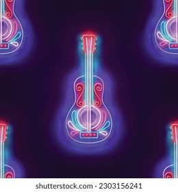 Seamless pattern with glow Spanish Guitar, Ethnic Mexican Culture. Dia de Los Muertos, Day of the Dead. Neon Light Texture, Signboard. Glossy Background. Vector 3d Illustration