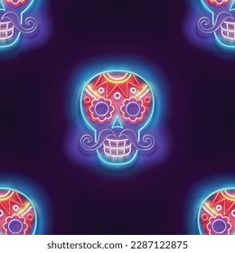 Seamless pattern with glow Sugar Male Skull, Calavera. Dia de Los Muertos, Day of the Dead. Neon Light Texture, Signboard. Glossy Background. Vector 3d Illustration