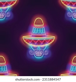 Seamless pattern with glow Sugar Male Skull in sombrero, Calavera. Dia de Los Muertos, Day of the Dead. Neon Light Texture, Signboard. Glossy Background. Vector 3d Illustration