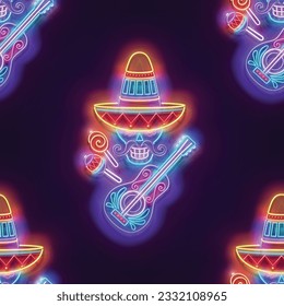 Seamless pattern with glow Sugar Male Skull in sombrero with guitar, Calavera. Dia de Los Muertos, Day of the Dead. Neon Light Texture, Signboard. Glossy Background. Vector 3d Illustration