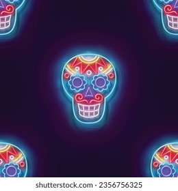 Seamless pattern with glow Sugar Male Skull, Calavera. Dia de Los Muertos, Day of the Dead. Neon Light Texture, Signboard. Glossy Background. Vector 3d Illustration