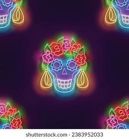 Seamless pattern with glow Sugar Skull, Catrina Calavera. Dia de Los Muertos, Day of the Dead. Neon Light Texture, Signboard. Glossy Background. Vector 3d Illustration