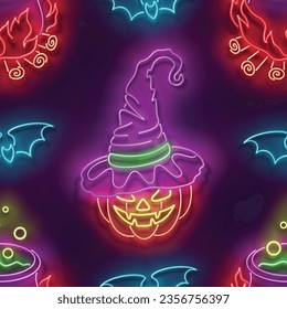 Seamless pattern with glow Witch Pumpkin in Hat and Potion in Witch's Cauldron. Halloween Withcraft Mood. Neon Light Texture, Signboard. Glossy Background. Vector 3d Illustration 