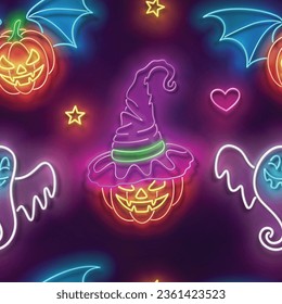 Seamless pattern with glow Witch Pumpkin in Hat, Vampire Pumpkin and Cute Ghost. Halloween Withcraft Mood. Neon Light Texture, Signboard. Glossy Background. Vector 3d Illustration 