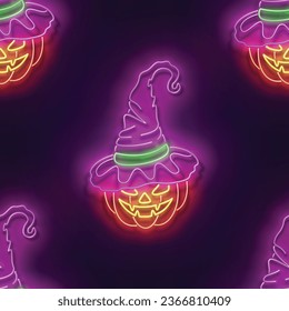 Seamless pattern with glow Witch Pumpkin in Hat. Halloween Withcraft Mood. Neon Light Texture, Signboard. Glossy Background. Vector 3d Illustration 