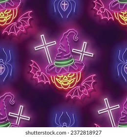 Seamless pattern with glow Witch Pumpkin, Crosses, Bats and Spiders. Halloween Withcraft Mood. Neon Light Texture, Signboard. Glossy Background. Vector 3d Illustration