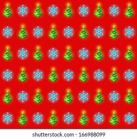 Seamless pattern with glowing christmas trees with baubles and snowflakes