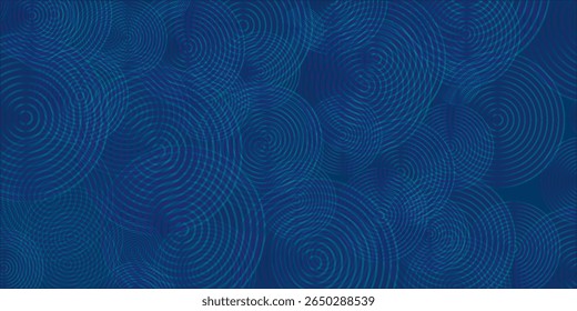 Seamless pattern of glowing concentric circles on a deep blue background. A modern abstract design. Keywords: abstract, pattern, circles, seamless, digital.