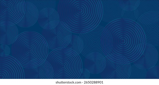 Seamless pattern of glowing concentric circles on a deep blue background. A modern abstract design. Keywords: abstract, pattern, circles, seamless, digital.