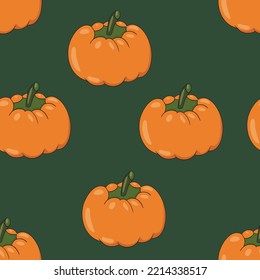 Seamless pattern of glowing halloween pumpkins on color background. Scary and funny faces. Cute Pumpkin or ghost. Vector autumn holidays illustration.