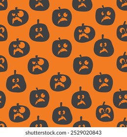 Seamless pattern of glowing halloween pumpkins on color background. Scary and funny faces. Cute Pumpkin or ghost. Vector autumn holidays illustration.