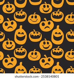 Seamless pattern of glowing halloween pumpkins on color background. Scary and funny faces. Cute Pumpkin or ghost. Vector autumn holidays illustration.